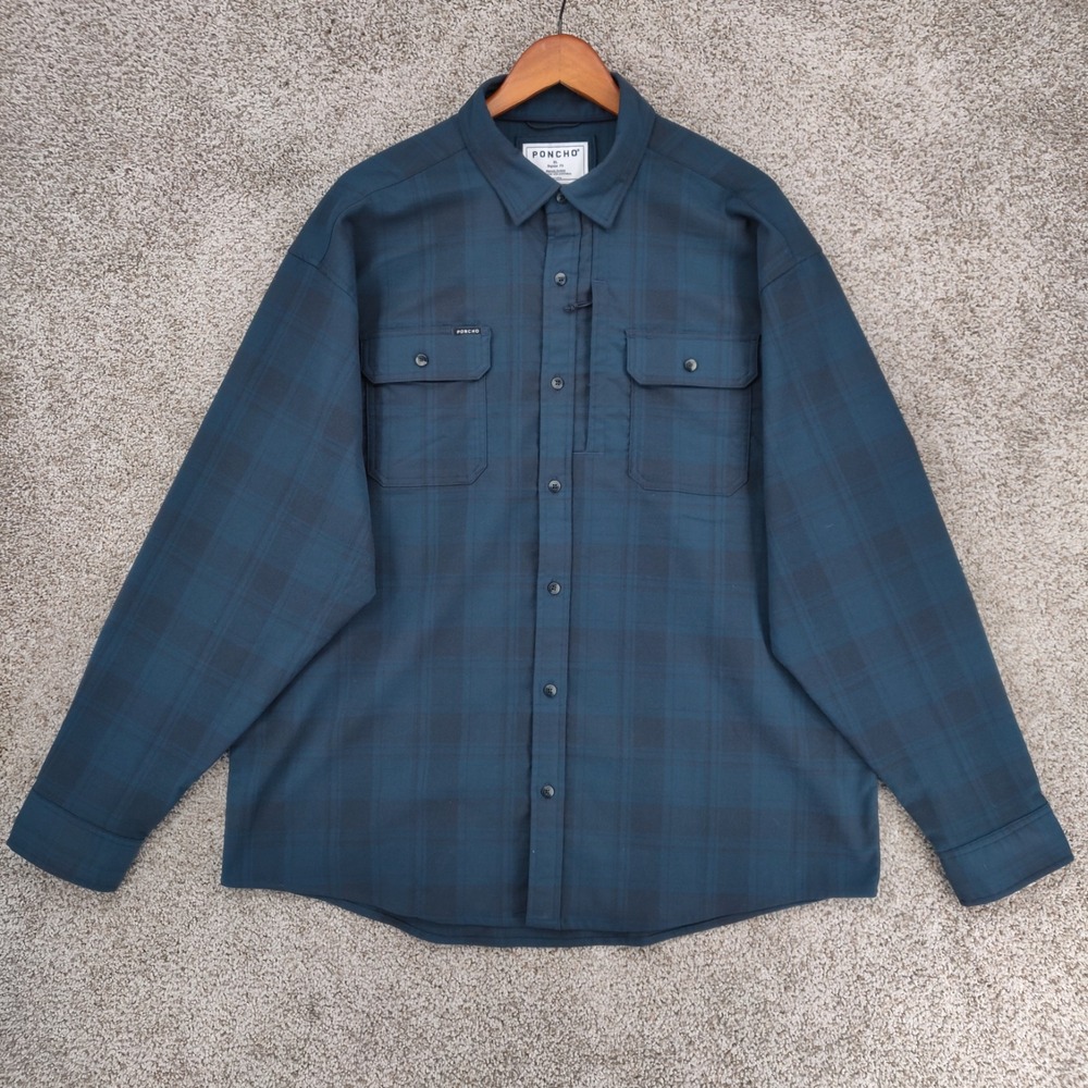 Poncho Shirt Mens XL Blue Plaid Flannel Button Long Sleeve Magnetic Pockets